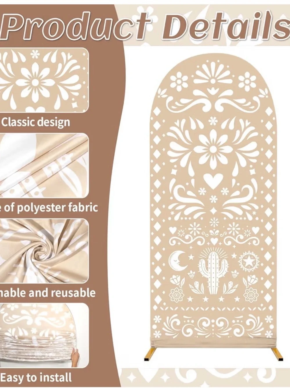 Boho Beige Arch Backdrop with White Folk Floral Design